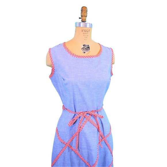 Vintage 1960s Picnic Dress Blue Chambray Red Checkered Sheath | W 28" - Picture 5 of 9